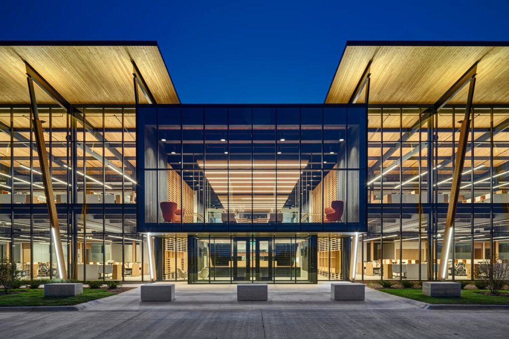 Kreg Tool building front exterior with all glass windows and doors